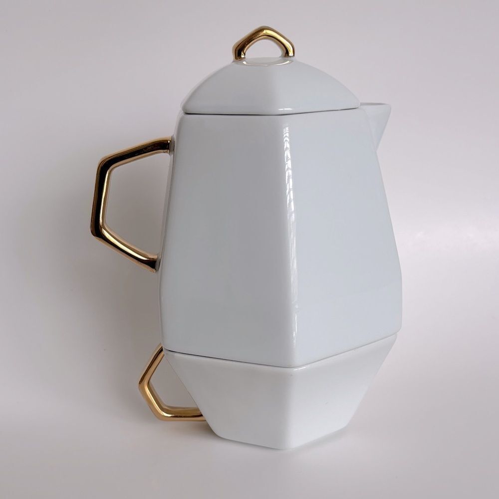 CB2 White Hexagonal Stacking Teapot Cup Gold Trim Tea For One